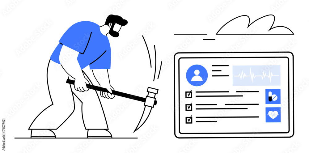 Aufkleber man wielding a pickaxe next to a digital screen displaying a user profile, analytics, and health sta