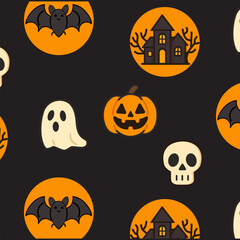  Halloween pattern with bright figures on a black background.