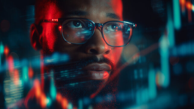 AI cyber security threat concept, black african american man analysing artificial intelligence scams, data risks and leaks, IT worker, AI in hacking coding, digital security, stock market, AI trading