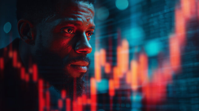 AI cyber security threat concept, black african american man analysing artificial intelligence scams, data risks and leaks, IT worker, AI in hacking coding, digital security, stock market, AI trading