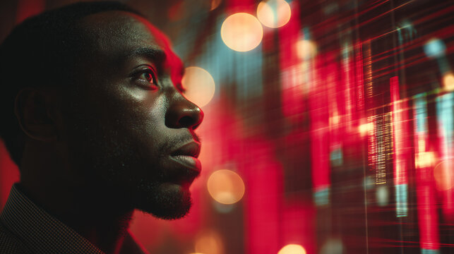 AI cyber security threat concept, black african american man analysing artificial intelligence scams, data risks and leaks, IT worker, AI in hacking coding, digital security, stock market, AI trading