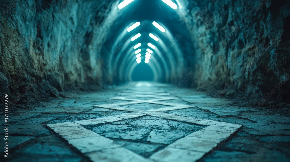 Poster tunnel with a blue light shining down on it. the tunnel is dark and narrow. the light is shining on 
