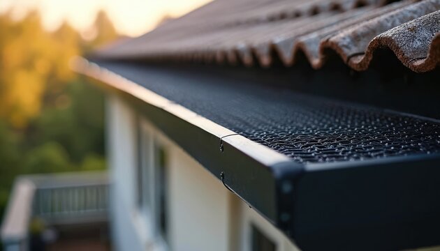 Black mesh gutter guard installed on house roof edge. Protects house from debris leaves. Water flows freely through drainage system. Home exterior maintenance.