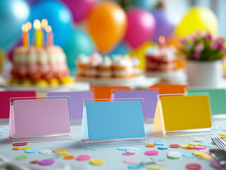 Acrylic place card holders at festive birthday celebration table with joyful atmosphere and bright decorations.
