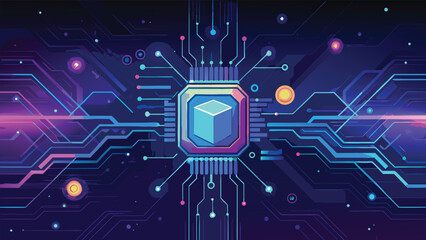 Futuristic Digital Circuit Board with Glowing Technology Chip and Abstract Cyber Network Design Background