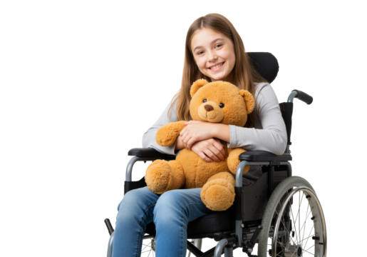 Girl in Wheelchair with Teddy Bear – Symbol of Strength, Comfort, and Joyful Resilience