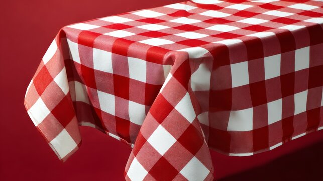 Red and white checkered tablecloth is folded over a table - Powered by Adobe