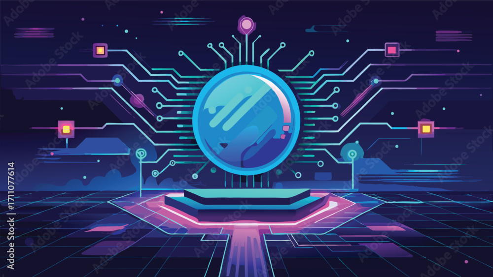 Wall mural futuristic digital circuit board with glowing technology chip and abstract cyber network design back