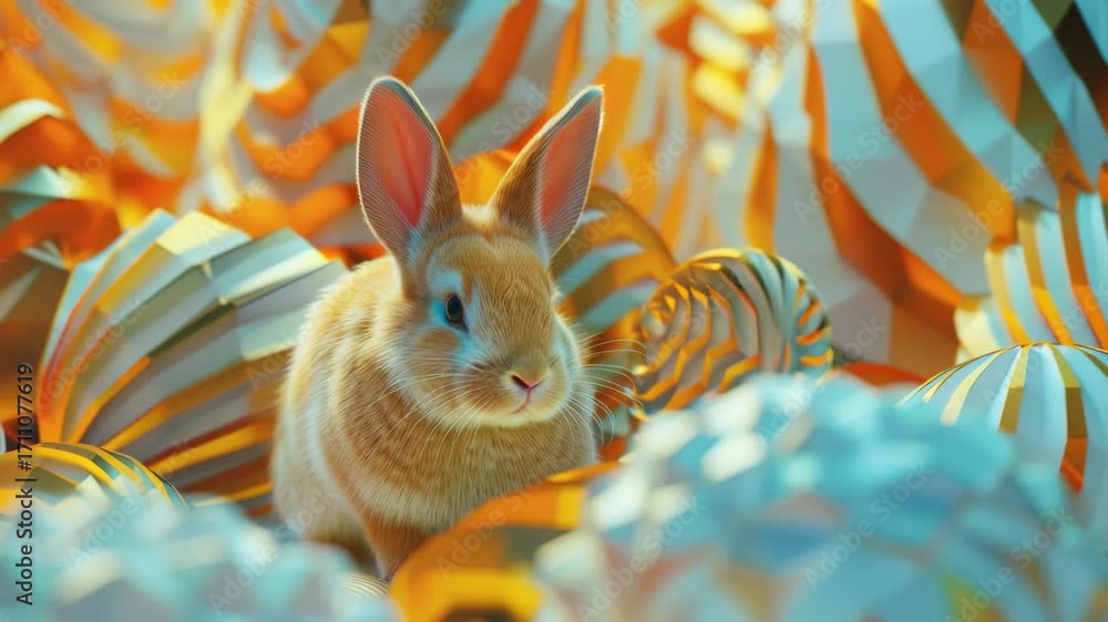 Poster a rabbit is standing in a pile of paper balls. the rabbit is brown and white. the paper balls are in