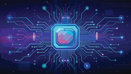 Futuristic Digital Circuit Board with Glowing Technology Chip and Abstract Cyber Network Design Background