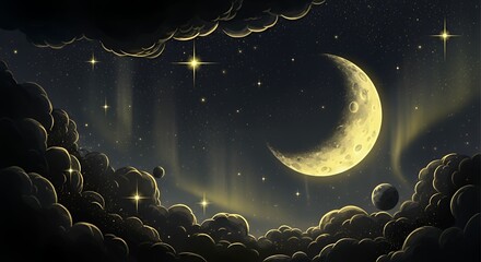 A Moonlit Dream: A Golden Crescent Above a Starry Cloudscape