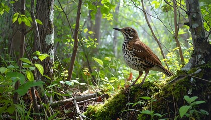 Forest bird perched on mossy root