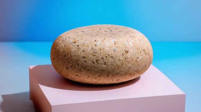 A round, light-brown object with speckled texture sits atop a pastel-pink cube, against a vibrant backdrop of blue and pink hues.