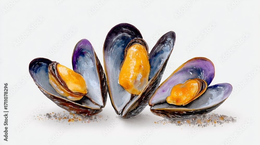 Poster three mussels are shown in a close up, with the shells open and the meat visible