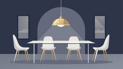 A minimalist dining room with a sleek white table and clear acrylic chairs illuminated by a dramatic gold dome pendant light.