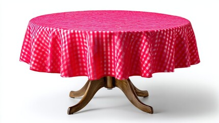 Red checkered tablecloth is draped over a wooden table