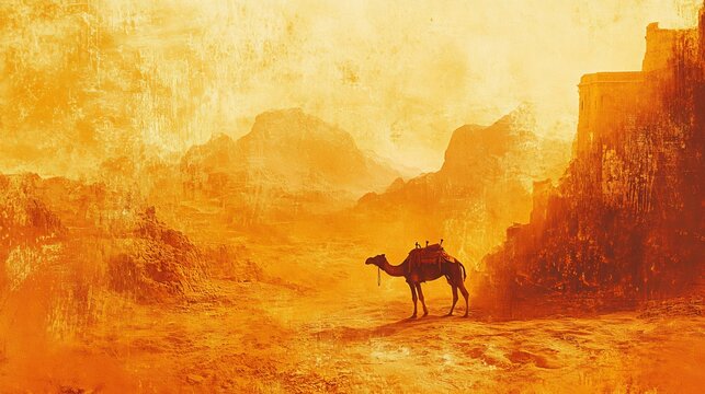 Camel standing in a desert landscape with mountains and cliffs under a hazy orange sky at daytime
