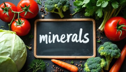 Blackboard shows minerals text surrounded by fresh vegetables like tomatoes, broccoli, carrots, and cabbage. Healthy eating concept with natural ingredients for balanced diet. Nutritional food.