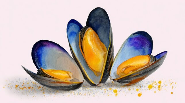 Three mussels with orange centers and blue shells - Powered by Adobe