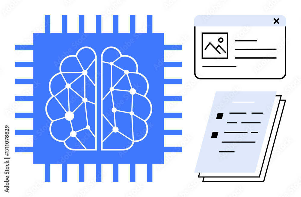 Poster brain circuitry inside a microchip flanked by a browser window and documents, symbolizing ai, data p