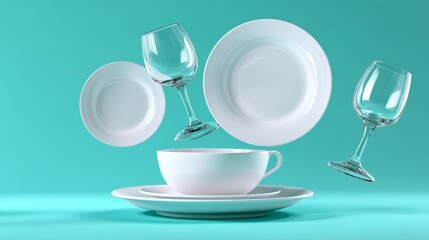 Fototapeta premium White plate with a cup and a wine glass on top of it