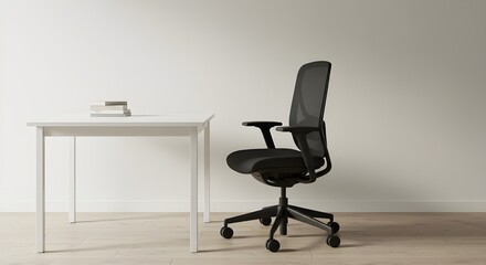 Ergonomic chair in front of minimalist desk, modern workspace design blending comfort and simplicity.