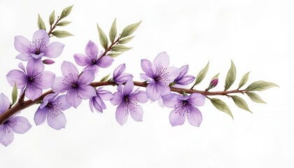 Elegant purple flowers bloom on tree branch with fresh green leaves. Delicate watercolor illustration shows beautiful blossoms. Artistic floral design presents vibrant natural plant picture. Perfect