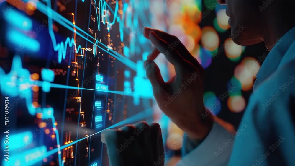 Poster hand on computer screen with financial data, analyzing stock market trends and patterns.