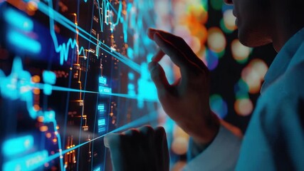 Hand on computer screen with financial data, analyzing stock market trends and patterns. - Powered by Adobe