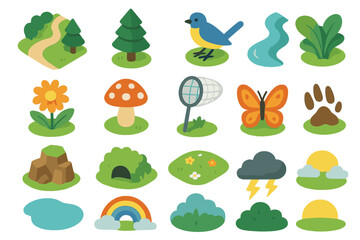 Obraz premium Nature elements flat icon set. featuring tree, bird, river, flower, mushroom, butterfly, rainbow, sun, cloud, and pond