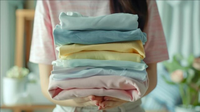 Stack of multi-colored clothes being sorted or washed by a person.
