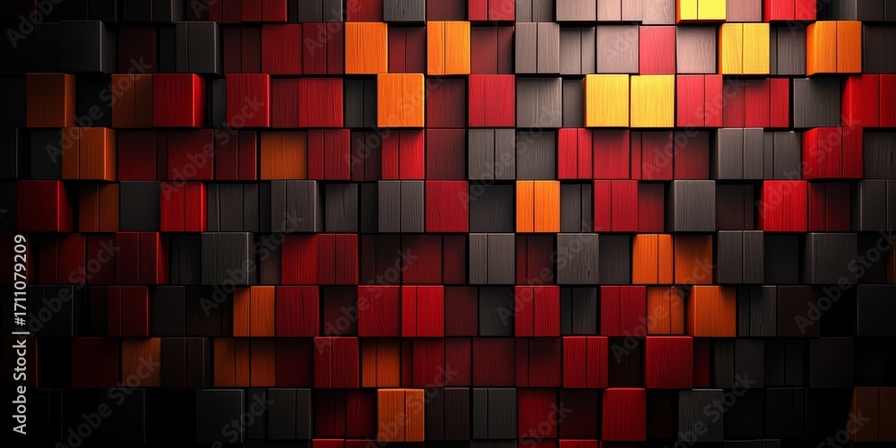 Aufkleber wall made of wooden blocks in red, black and orange. the blocks are arranged in a pattern that creat