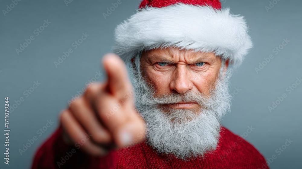 Poster man with a red sweater and a white hat pointing at something