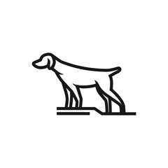 A minimalist black line art icon of a hunting dog in a classic pointing stance on a white background.