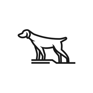 A minimalist black line art icon of a hunting dog in a classic pointing stance on a white background.
