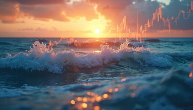 Golden sunset light reflects on ocean waves. Glowing stock market graph rises over sea horizon. Abstract image connects finance, global business, investment, risk management, natures powerful current - Powered by Adobe