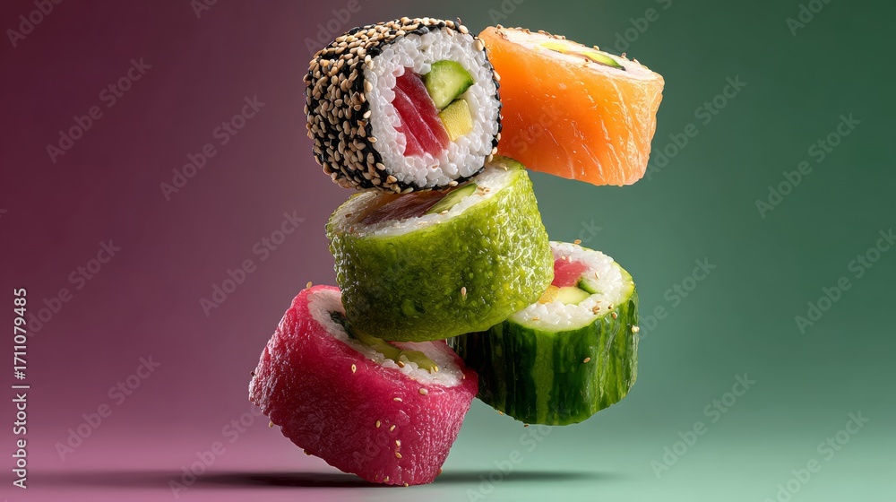 Poster stack of colorful sushi rolls, including one with cucumber