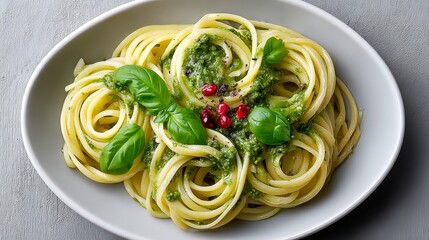 Plate of pasta with green sauce and basil on top