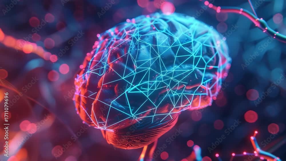 Aufkleber a brain with a blue and red background. the brain is surrounded by a web of lines