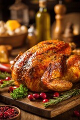 Golden roasted chicken with herbs and berries on wooden table