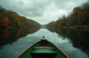 Fototapeta premium Green wooden boat floats on calm lake. Autumn trees with colorful leaves reflect in water. Nature landscape includes trees, water, cloudy sky at fall season.