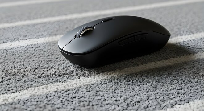 Close de mouse sem fio sobre tapete minimalista, design moderno e elegante em ambiente limpo.