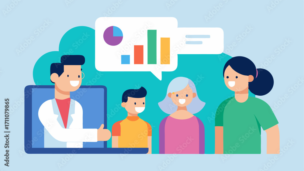 Poster family health monitor an image of a family gathered around a screen while discussing their health me