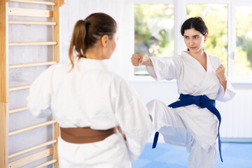 Obraz premium Karate practitioners showcase their techniques in dynamic sparring session, focusing on speed and accuracy.