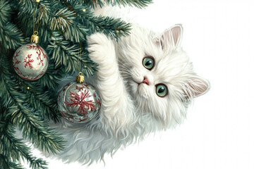 A kitten Persian grabs a Christmas tree toy on a branch