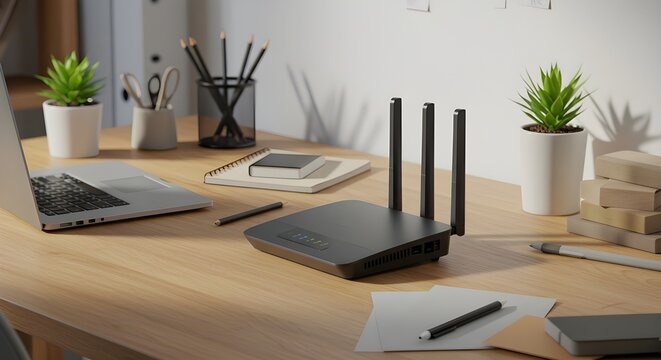 Wi-Fi router on organized desk, modern workspace setup highlighting connectivity and technology.