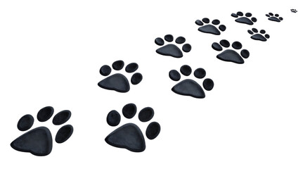 A series of black paw prints diminishing in size diagonally across a black background from left to right