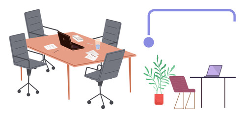 Empty meeting room with table, office chairs, laptops, and potted plant. Ideal for team collaboration, remote work, workspace management, office culture, teamwork productivity simple flat metaphor