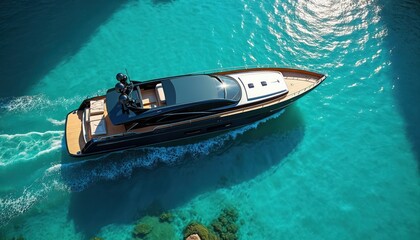 Luxury yacht glides on clear blue water near tropical island. Sleek vessel cruises through ocean waves, offering a vision of wealth and perfect vacation.