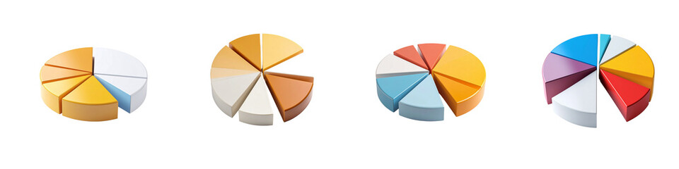 Fototapeta premium Four colorful pie charts representing data and statistics isolated on transparent background